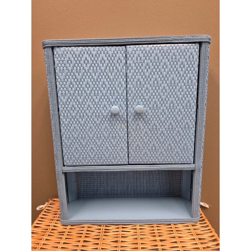 Vintage Blue Woven Wicker Wall Cabinet Bathroom Storage Double Door Shelf 23"